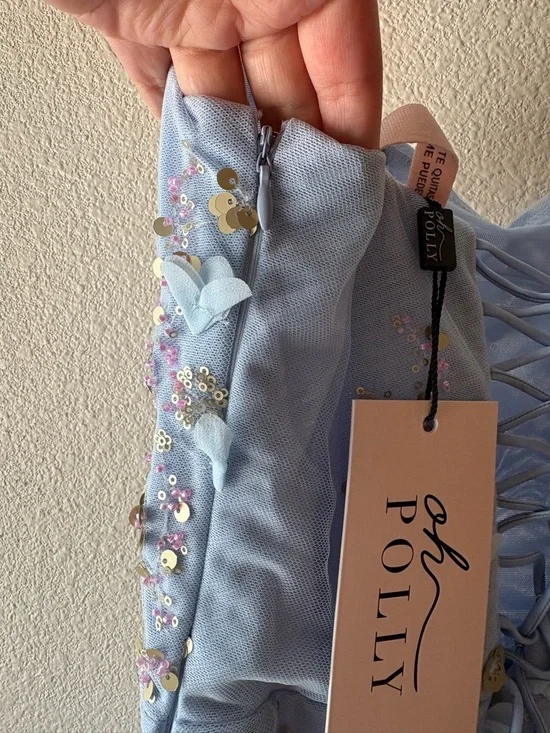 Oh Polly Briar Embellished Corset Mini Dress in Sky Blue. - Picture 8 of 8